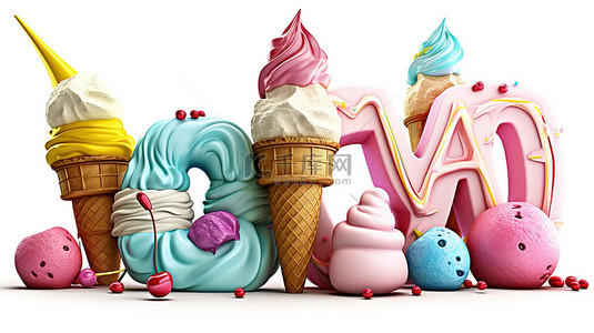 孤立的白色背景 3D 刻字冰淇淋和其他字符