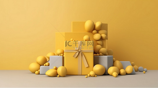 时尚的黄色演示 3D 模型，带有礼品盒和飘落背景下的丝带的石质讲台