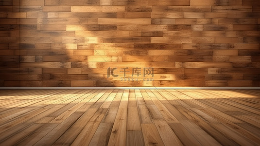 地板和墙壁上的有机木质设计，在 3D 渲染中采用照明背景增强效果