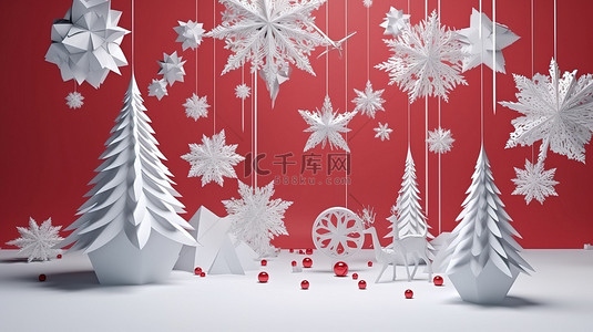 主题卡通背景图片_节日的 3D 渲染纸工艺品悬挂雪花礼品盒树木星星和糖果手杖圣诞节