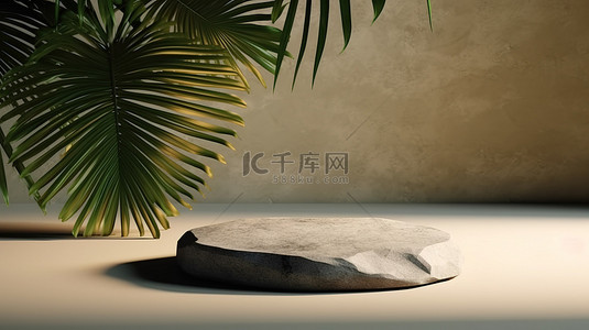 棕榈叶在 3D 渲染中在扁平岩石上创建阴影，用于产品演示