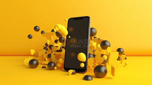 社交媒体通信 3D 智能手机，黄色背景插图概念上带有语音气泡