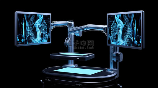 带显示器的 X 射线 C 臂机的隔离黑色背景 3D 渲染