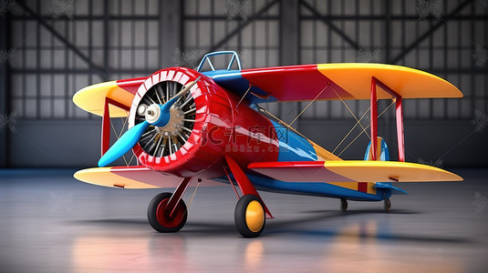 平面金色背景图片_现代风格的复古双翼飞机 3D 渲染，大胆的蓝色红色和金色