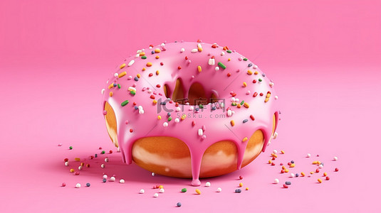 杏仁糖霜甜甜的特写甜甜圈顶部孤立并漂浮在 3D 渲染的粉红色背景上