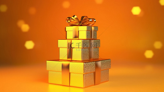 简约的圣诞节和新年概念 3D 渲染礼品盒设置在黄色背景上，配有散景照明背景和选择性焦点