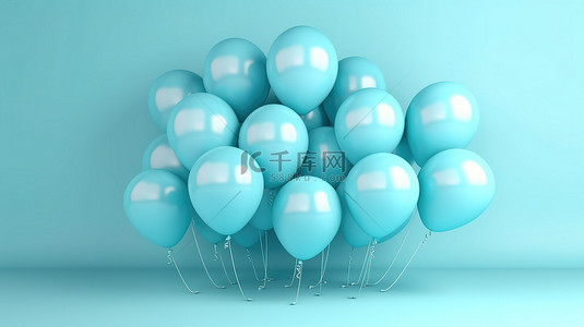 在柔和的蓝色背景下设置的蓝色气球簇，以 3D 数字渲染