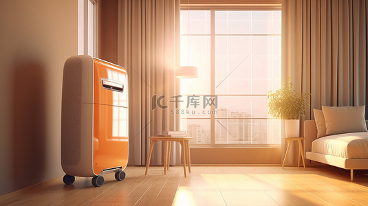 健康中国健康家背景图片_房间内便携式空调的 3D 渲染