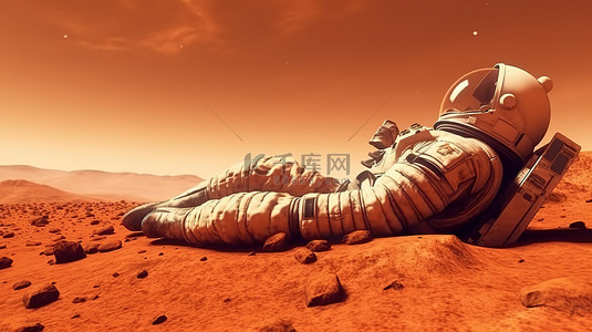 地球深林背景图片_宇航员在火星 3d 渲染的深红色表面上休息