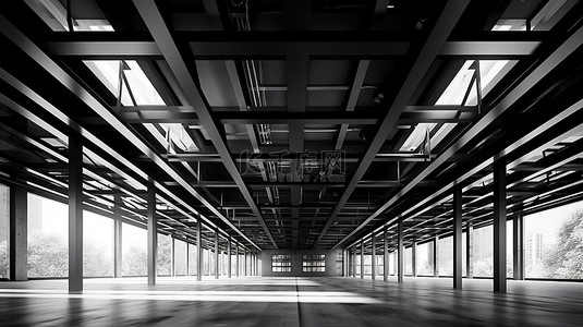 建筑灰色背景图片_一座正在建造的工业建筑的引人注目的 3D 渲染图，具有大胆的横梁和光滑的黑色墙壁