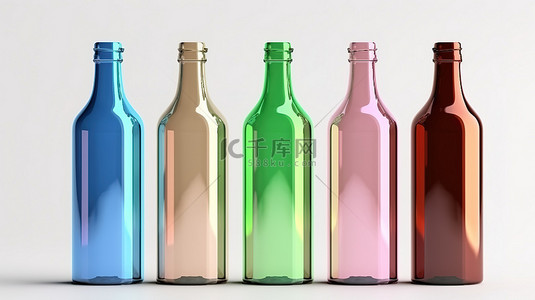 孤立的白色背景在 3D 渲染中展示彩色玻璃瓶