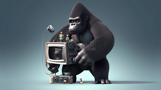 搞笑的 3D 大猩猩卡通抓着微型电视
