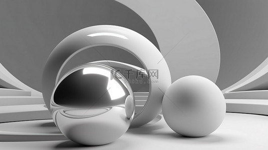 简约抽象构图中带有白色照明的金属形状的精致 3D 渲染