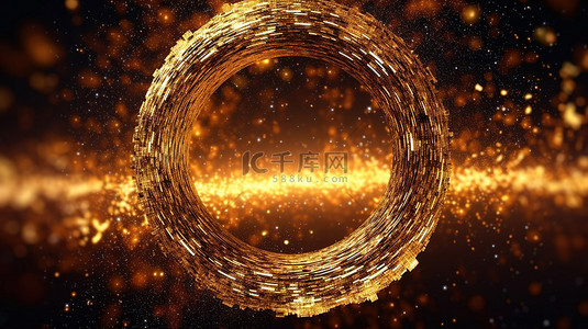3D 渲染的空间圆与抽象的金色闪光和闪光颗粒
