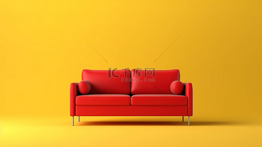 优雅的红色沙发，白色和黄色背景 3D 渲染具有简约风格