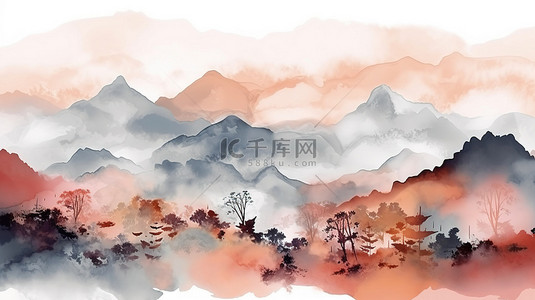 日本山景的水墨风格水彩摘要令人惊叹的 3D 自然背景