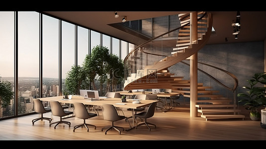 现代联合办公空间，配有木质内饰城市景观和 3D 渲染的螺旋楼梯