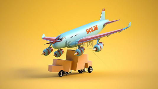 免费物流公司背景图片_3D 渲染中附在卡通飞机上的免费送货横幅