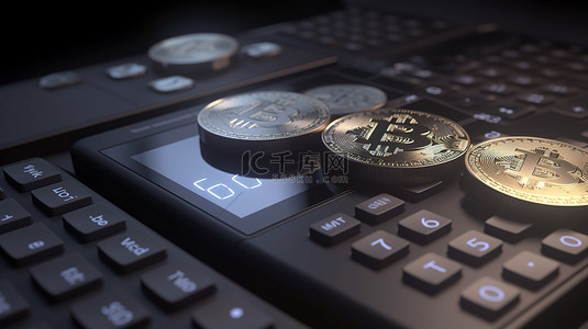 在背景 3d 渲染中具有税收显示和加密货币硬币的加密税概念计算器
