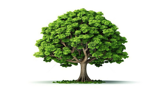 钱叶树是绿色和财富的图形设计元素，隔离在白色背景 3D 景观插图上