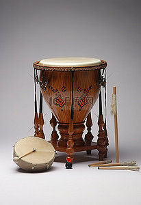 傳統樂器背景图片_一套鼓，配有一对棍子和木棍