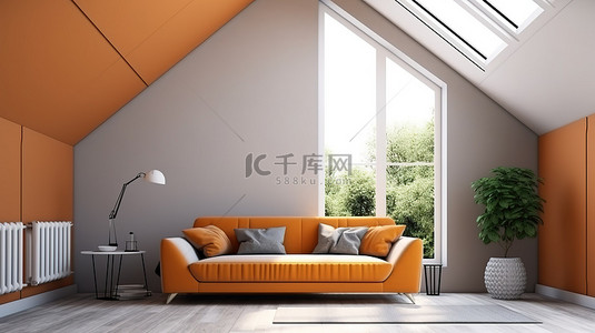 令人惊叹的客厅内饰，配有充满活力的橙色沙发优雅的白色墙壁和 3D 渲染的裸露椽子天花板