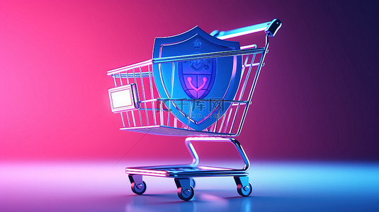 保护消费者背景图片_保护消费者的粉色购物车，配有双色调风格的匹配金属屏蔽，与蓝色背景 3D 渲染相匹配