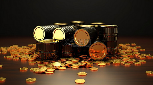 用 3D 渲染的原油桶和金币描绘的油价上涨