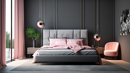 现代灰色调卧室，带有流行的粉色 3D 渲染卧室模型