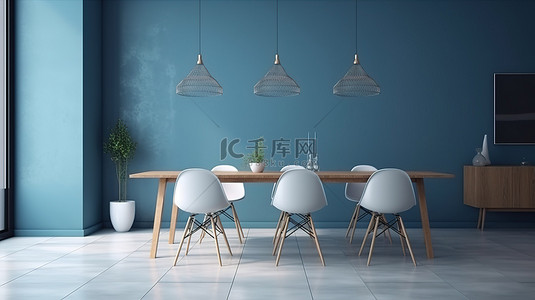 舒适的浅色餐厅内部特写 3D 渲染，带有空白的蓝色墙壁