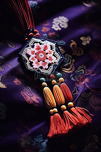 挂在布上的传统刺绣吊坠