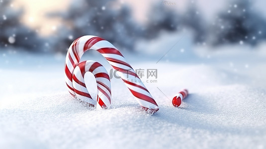 圣诞糖果拐杖背景图片_3d 渲染雪背景与圣诞拐杖糖
