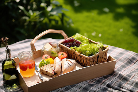 野餐篮蔬菜背景图片_一个装有水果的木制野餐篮