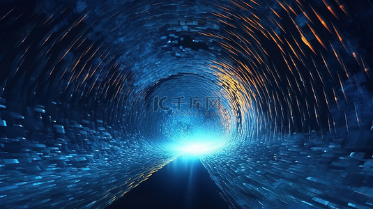 蓝色背景上具有动态线框隧道和粒子流的深波浪虫洞的未来派 3D 渲染