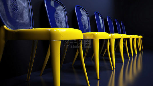 在 3D 渲染中，对比鲜明的黄色椅子在一排蓝色椅子中脱颖而出