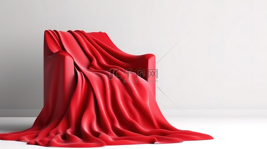 白色背景的 3D 渲染，红色缎毯覆盖在扶手椅上