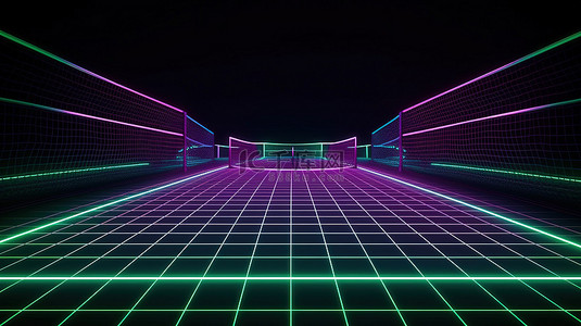 霓虹霓虹灯背景图片_带霓虹灯和网的虚拟网球场的透视图