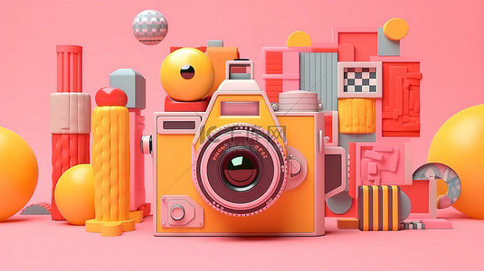 粉红色背景上具有充满活力的孟菲斯图案的老式相机的 3D 渲染
