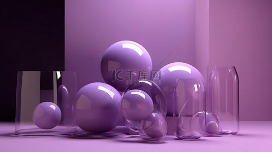 粉色淡背景图片_在 3D 渲染中具有清晰紫色形状的最小抽象场景