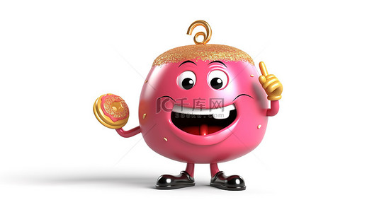 复古金色校钟，白色背景 3D 渲染上有一个大草莓粉色釉面甜甜圈字符吉祥物