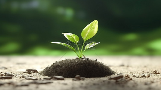 农业发展背景图片_3D 渲染对象说明地面上发芽的小植物
