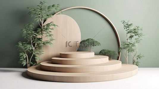 抽象 3D 平台上的壁挂式植物讲台产品展示