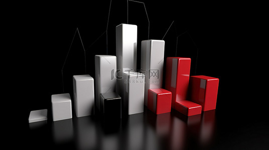 红色经济背景图片_黑色背景与 3d 渲染中不断增长的引号的白色和红色图表