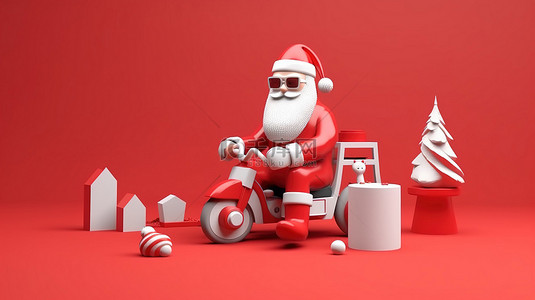 在线圣诞购物促销模板圣诞老人和他的朋友的 3D 插图，并为您的徽标和文本提供复制空间
