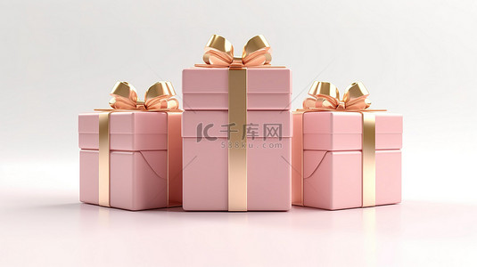 白色背景上金色丝带装饰粉色礼品盒的 3D 渲染