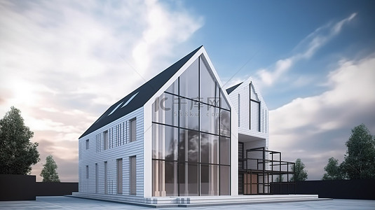 城市房屋建筑背景图片_3D 渲染现代框架房屋建筑的外部建筑设计