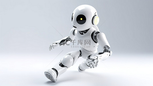可爱的人工智能机器人在白色背景 3d 渲染上运动