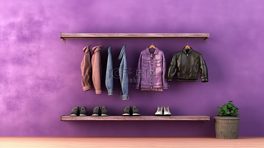人体模型背景背景图片_垃圾架子上有 3D 渲染的紫色背景上的衣服