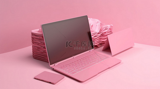 具有 3d 计算机笔记本电脑渲染的粉红色柔和背景