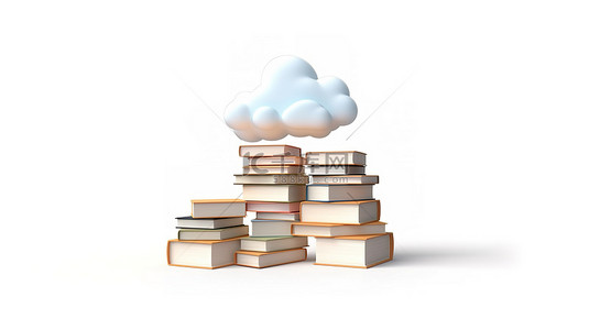 漂浮在白色背景上的白云中的书籍的 3D 插图